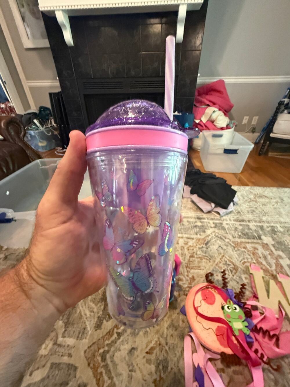 Butterfly Glitter Tumbler Cup Purple Pink Flip Top Lid Straw Double Wall